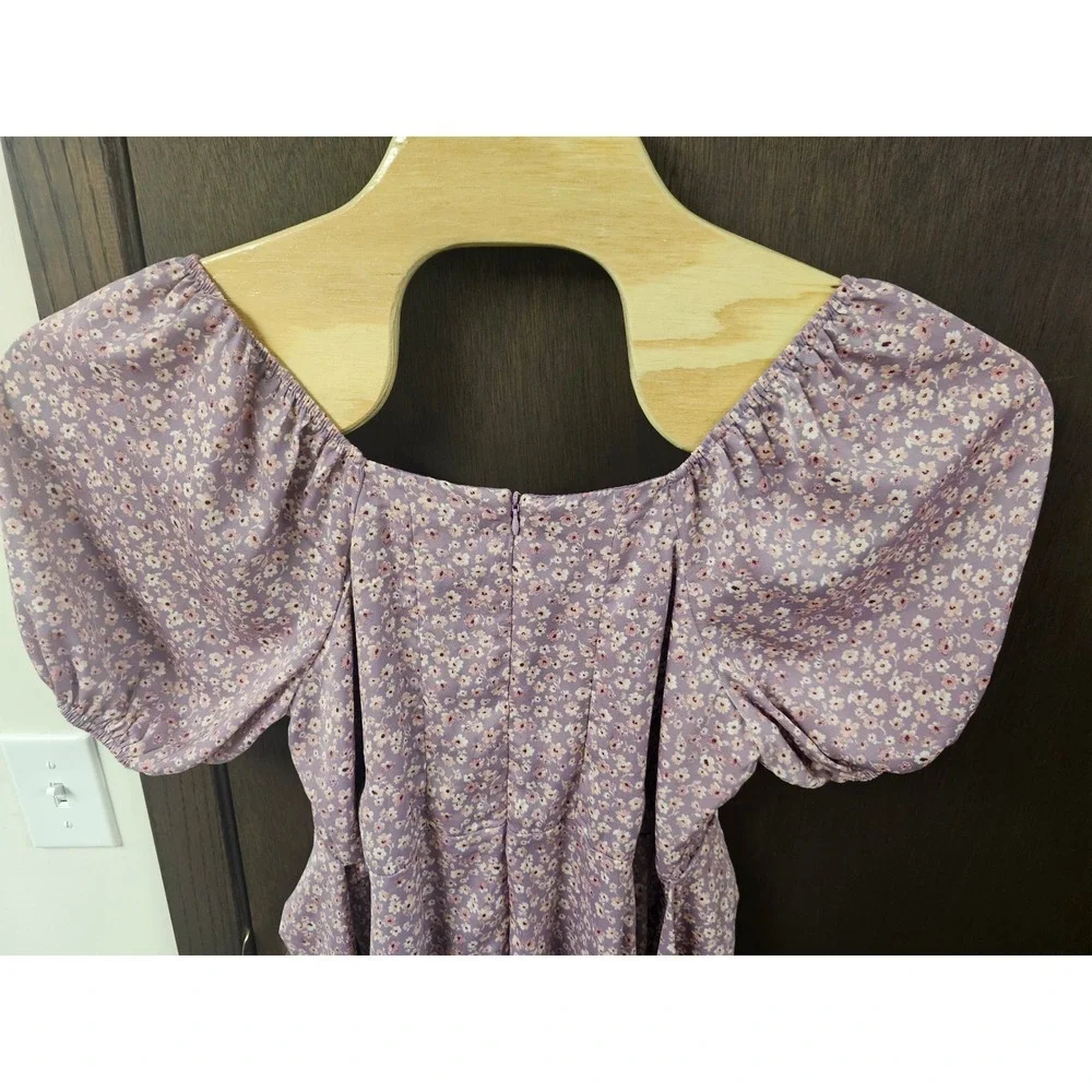 Arula Raella Purple Floral Puff Sleeve Mini Dress Square Neck Cottagecore Size X